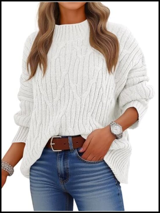 Sweaters - Women's Mock Neck Cable Knit Sweater 100% Acrylic Chunky Pullover
